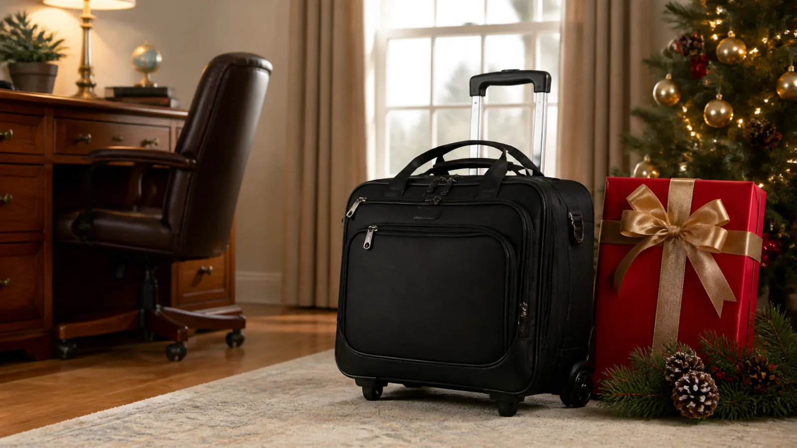 Representative compact black rolling tote beside a red Christmas gift