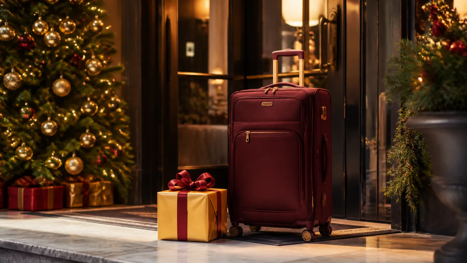 Representative burgundy premium softside carry-on beside a gold Christmas box