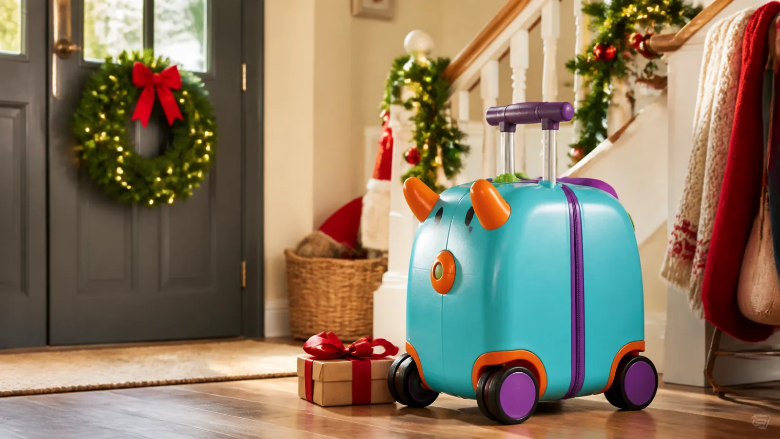 Representative colourful children's ride-on suitcase beside a holiday gift
