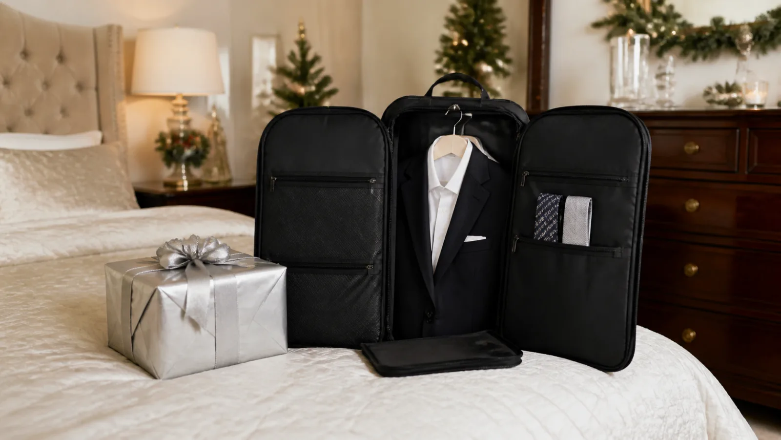 Representative black tri-fold garment bag beside a silver Christmas gift