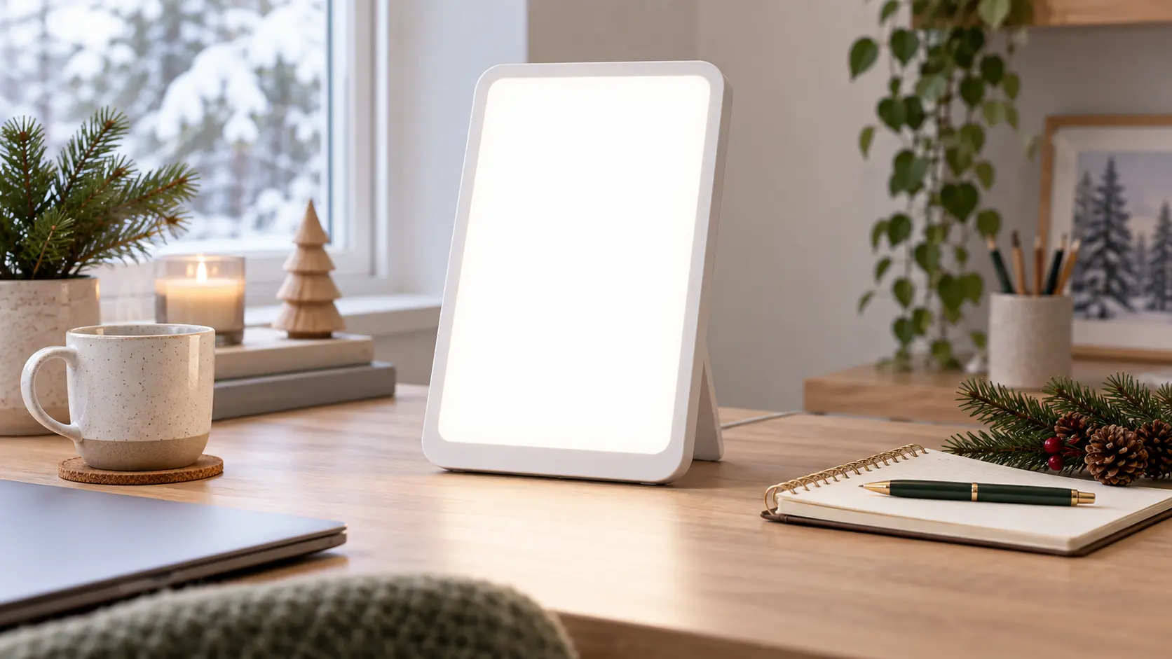 Representative person reading at a breakfast table beside a bright, slim panel lamp on a dark winter morning