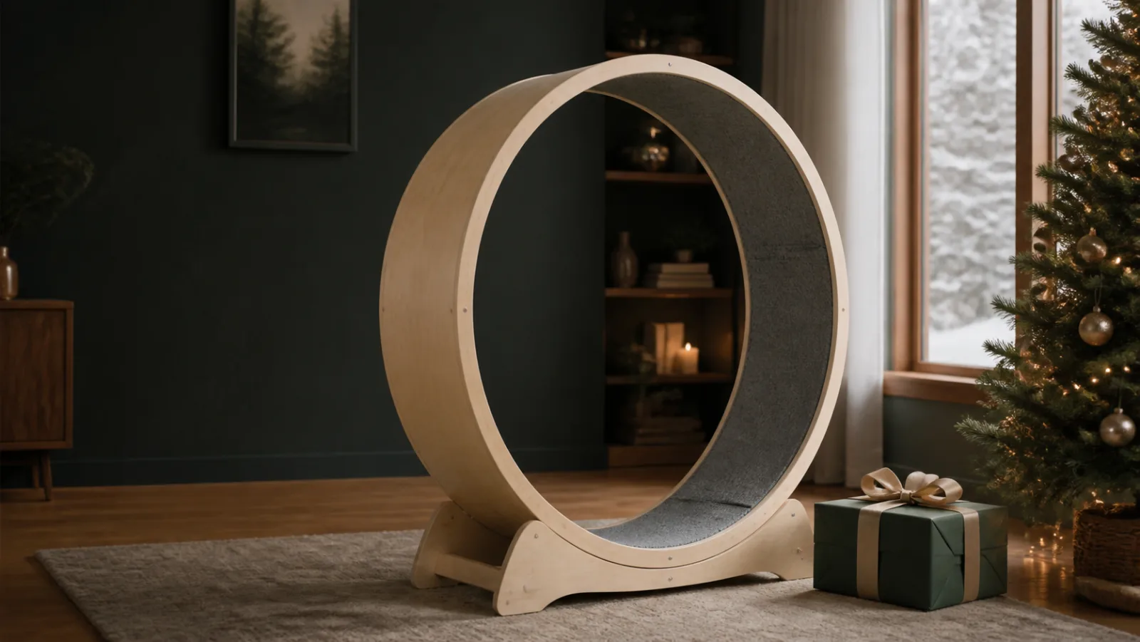 Representative large wooden cat exercise wheel beside a green Christmas gift