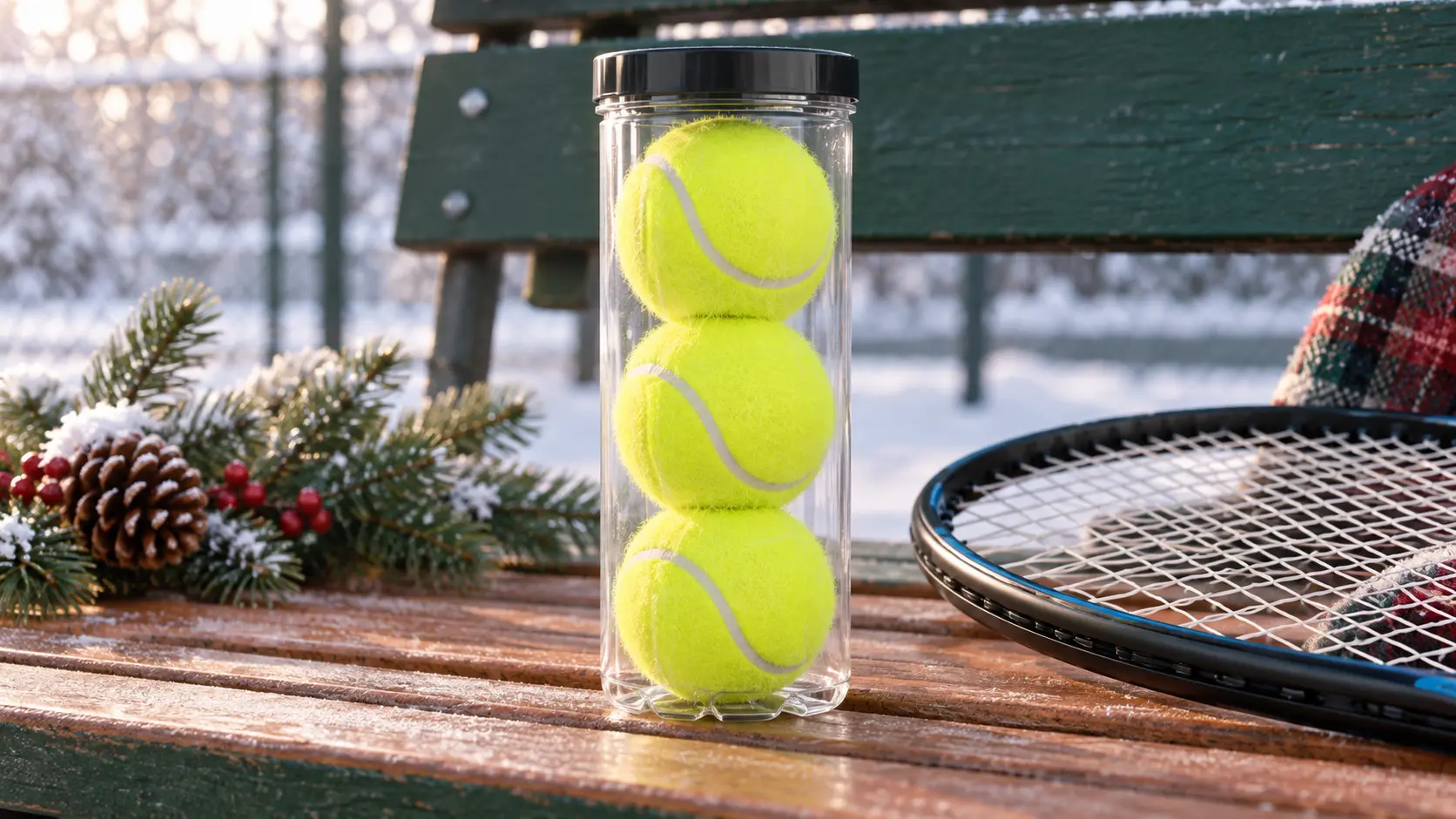 Representative tennis player opening a can of new tennis balls at the side of a court