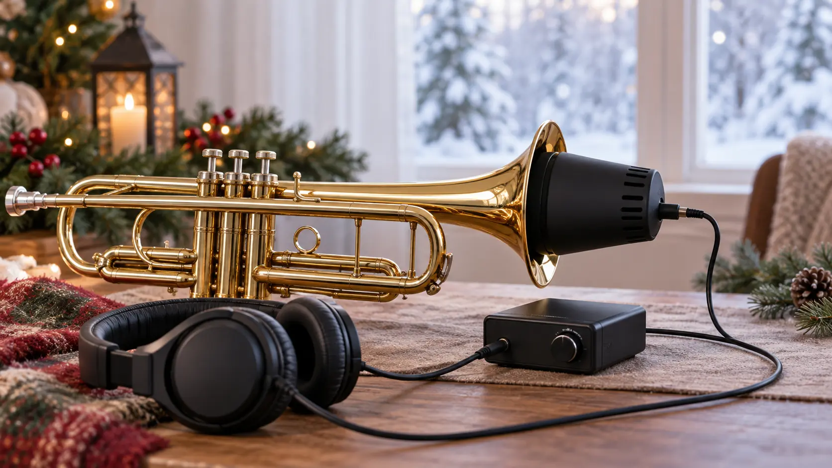 Representative trumpet player practising with headphones in a small apartment living room at night