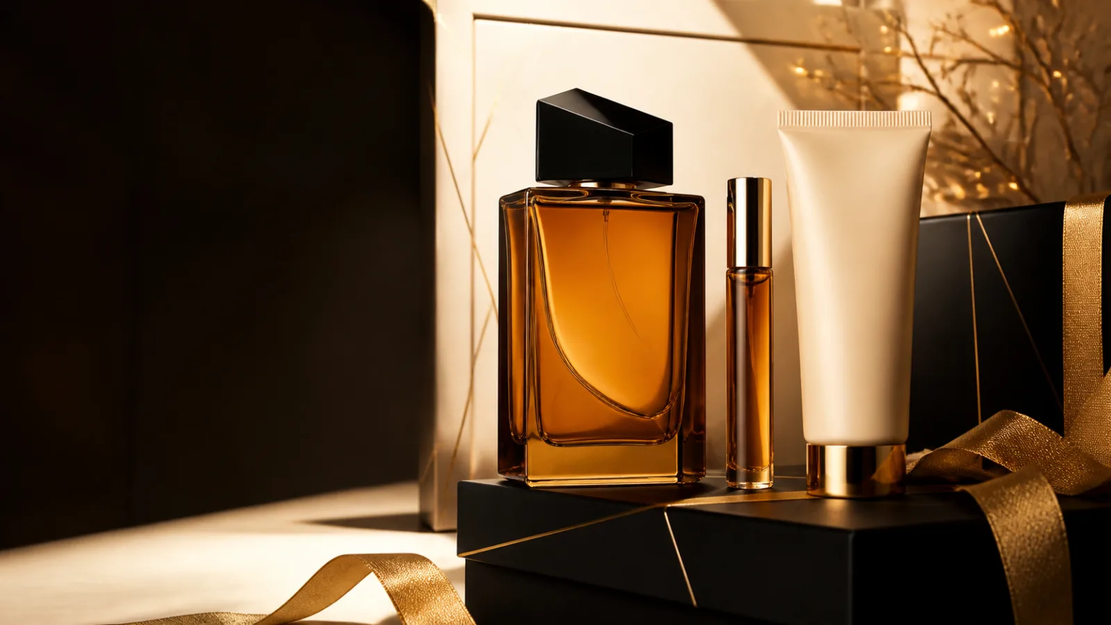 Representative amber rectangular fragrance bottle, travel spray and lotion beside a gold Christmas gift