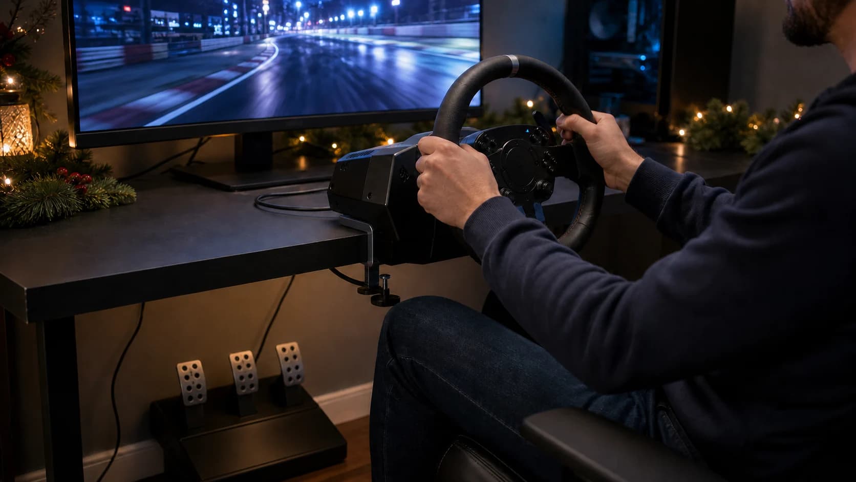 Representative Xbox racing wheel and pedal setup at a gaming desk