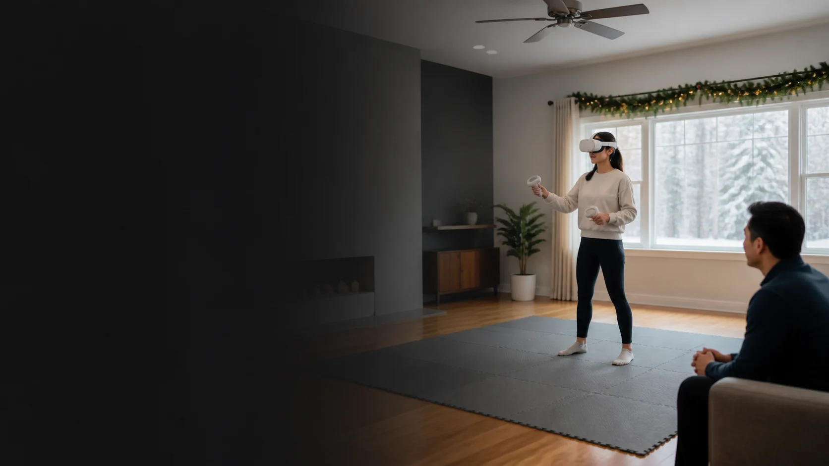 Representative generic virtual-reality headset being set up in a clear play space