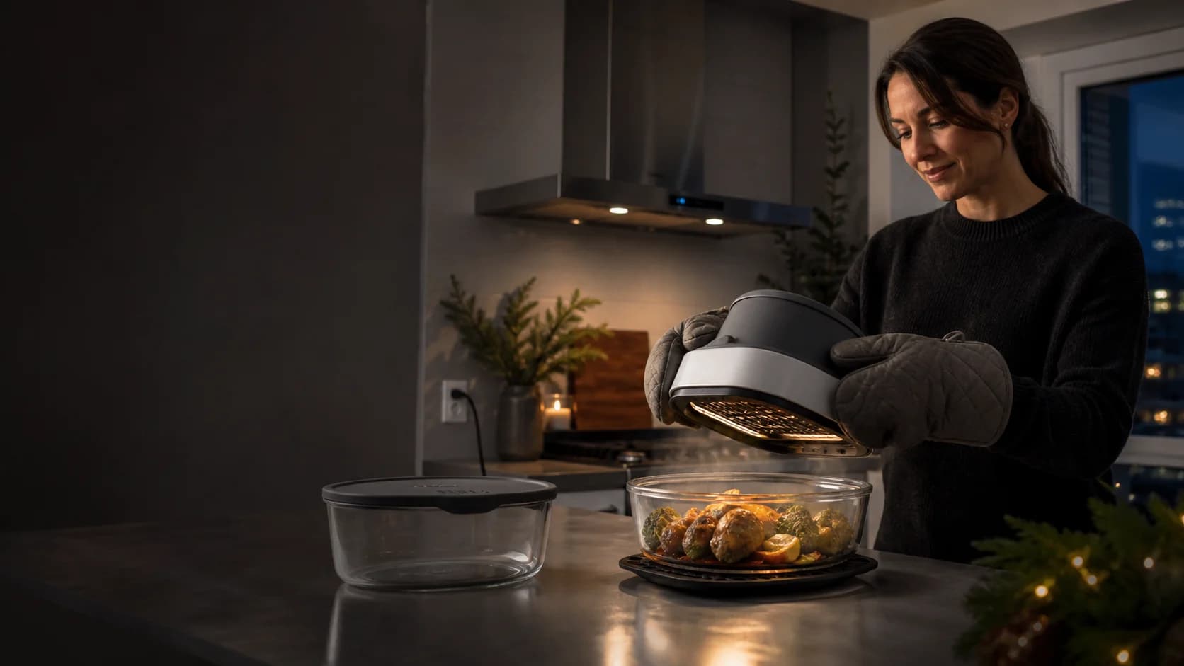 Representative generic glass air-fryer system preparing a small meal
