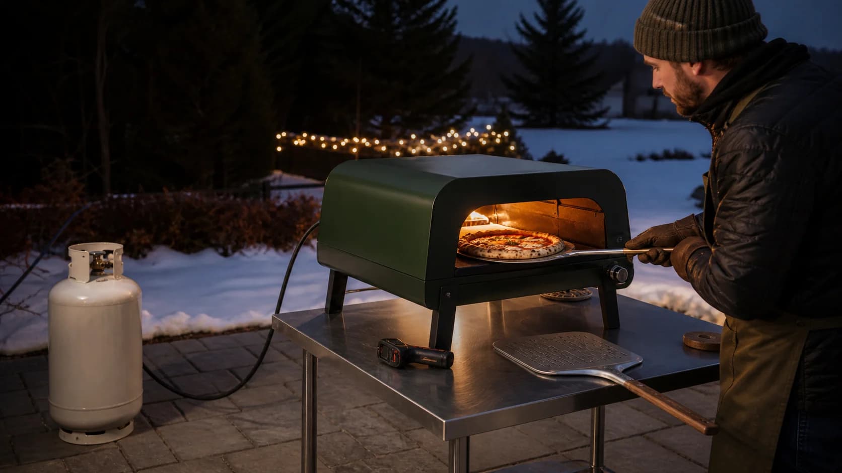 Representative outdoor gas pizza oven baking a pizza on a patio