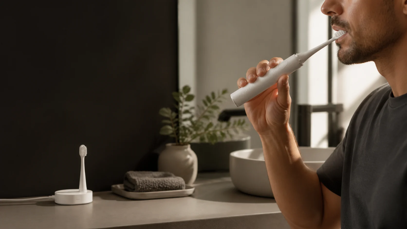 Adult using a representative electric toothbrush during a morning bathroom routine