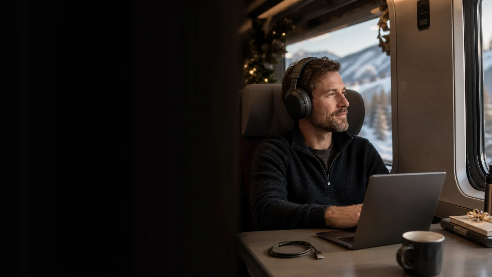 Representative train traveller using generic over-ear headphones