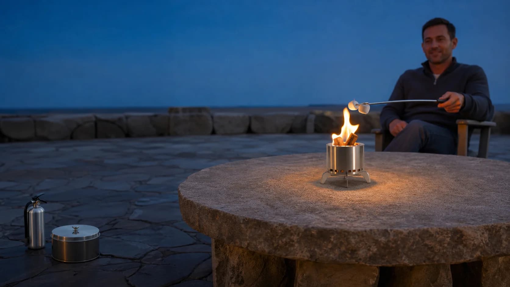 Representative small tabletop fire enjoyed outdoors under open sky