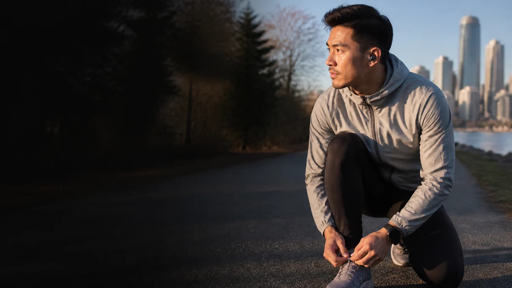 Representative runner wearing secure-fit wireless earbuds