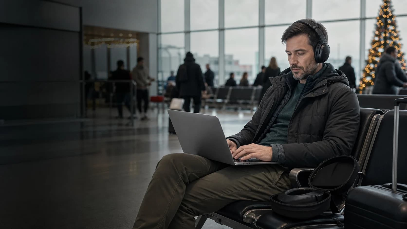 Representative over-ear noise-cancelling headphones used for focus at an airport