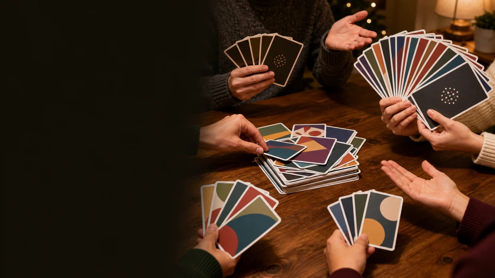 Representative competitive family card-game scene around a table