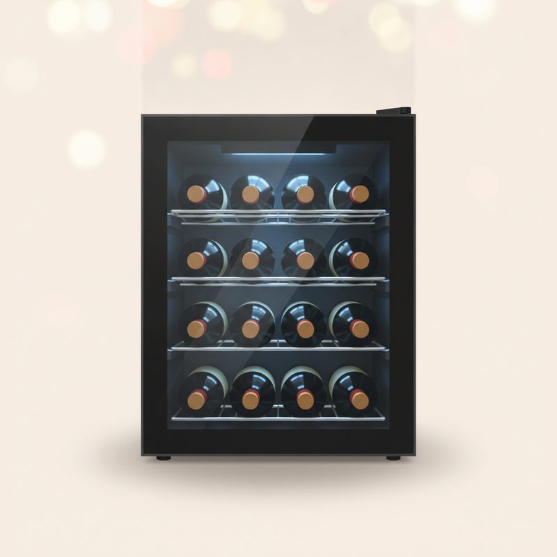 Representative compact wine fridge with bottles behind a glass door