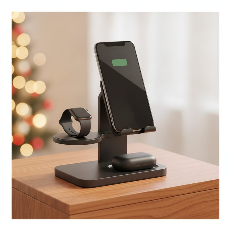 Representative charging stand holding a phone, smartwatch, and earbuds case