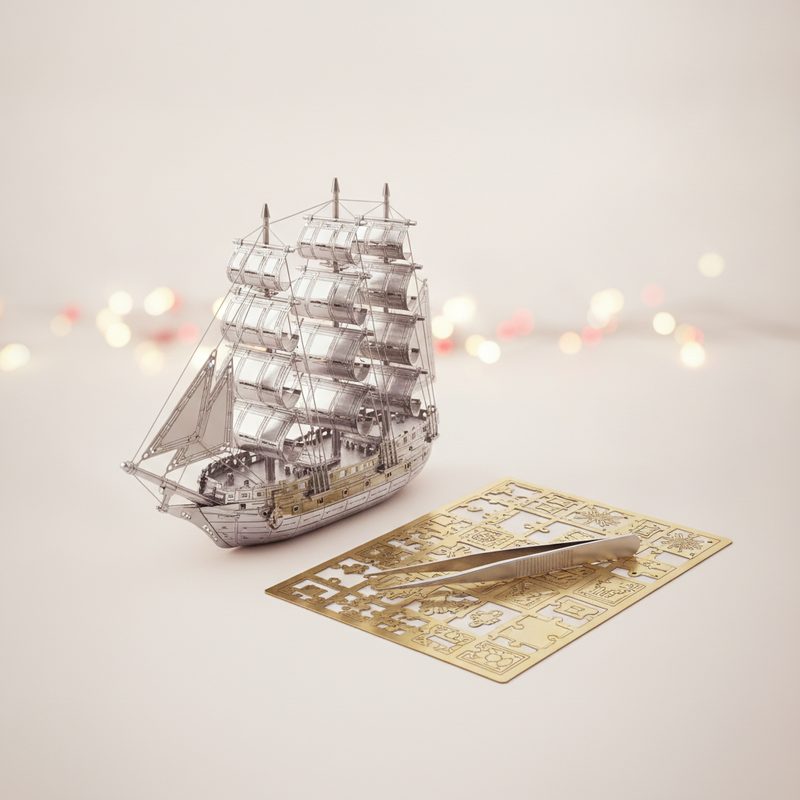 Representative 3D metal puzzle model of a ship built from etched steel sheets