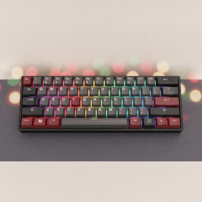 Representative compact mechanical keyboard glowing on a teen's gaming desk