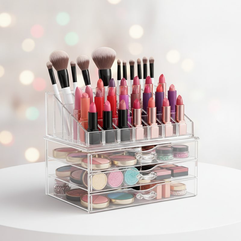 Representative clear acrylic organizer filled with makeup on a vanity