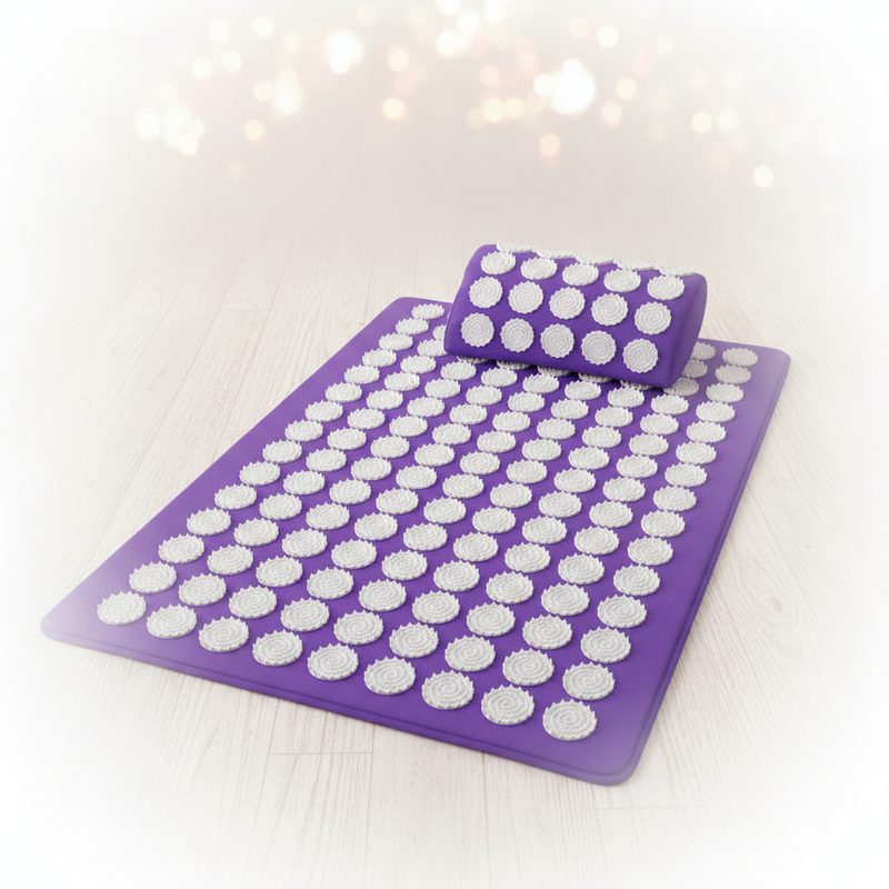 Representative acupressure mat and pillow with rows of plastic spike discs