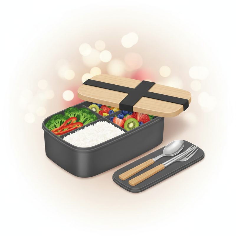 Representative adult bento lunch box with divided compartments and bamboo-style lid