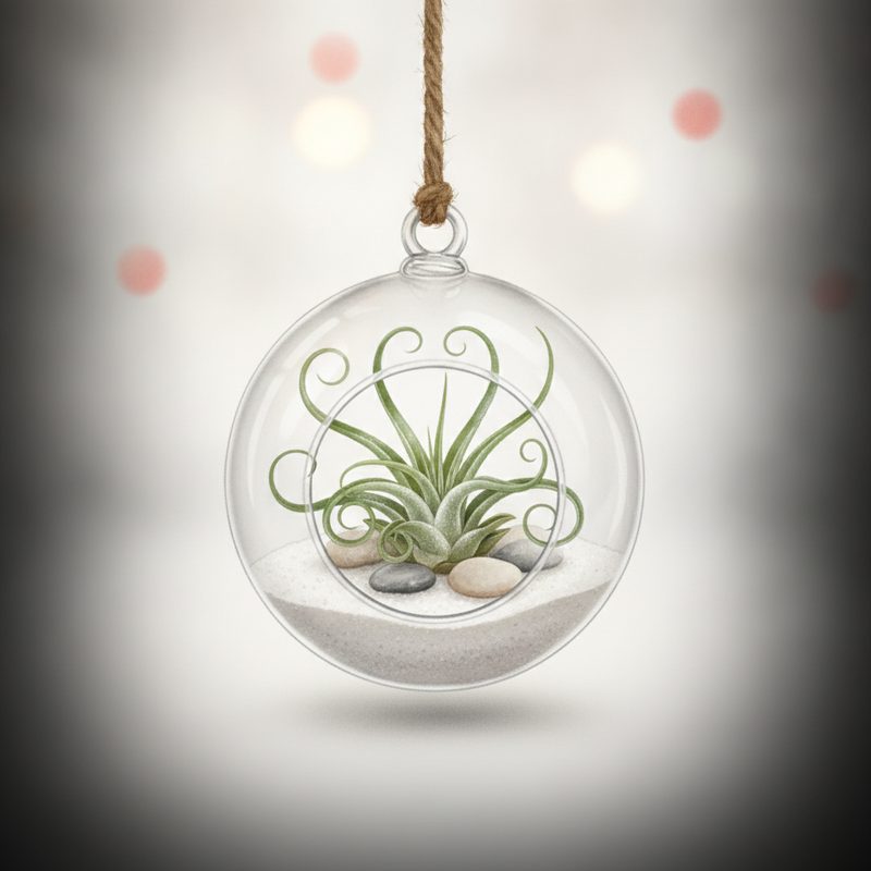 Representative hanging glass globe terrarium with a green air plant, sand, and pebbles