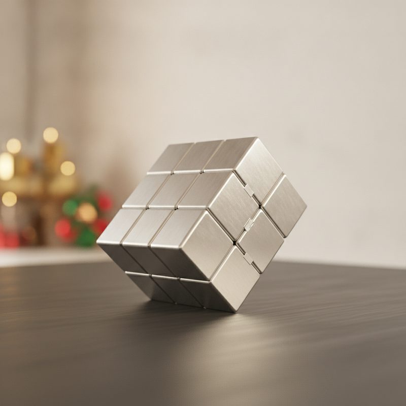 Representative metal infinity cube mid-fold on an office desk