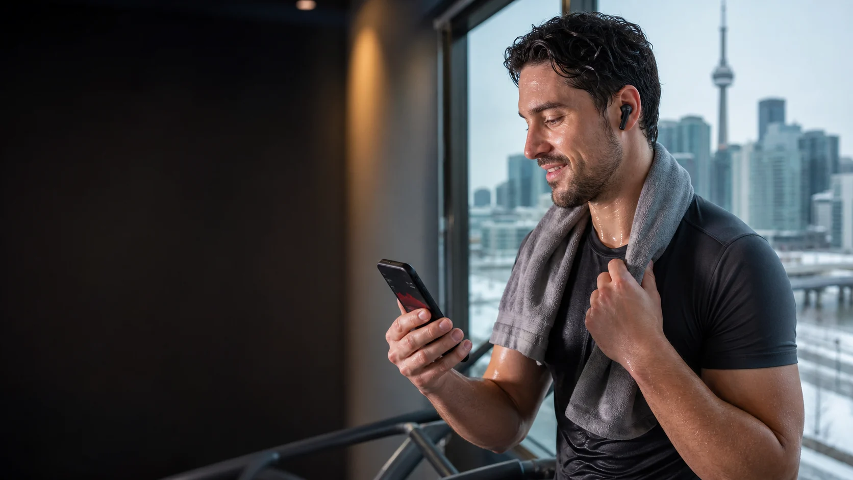 Representative athlete checking workout data while wearing wireless earbuds