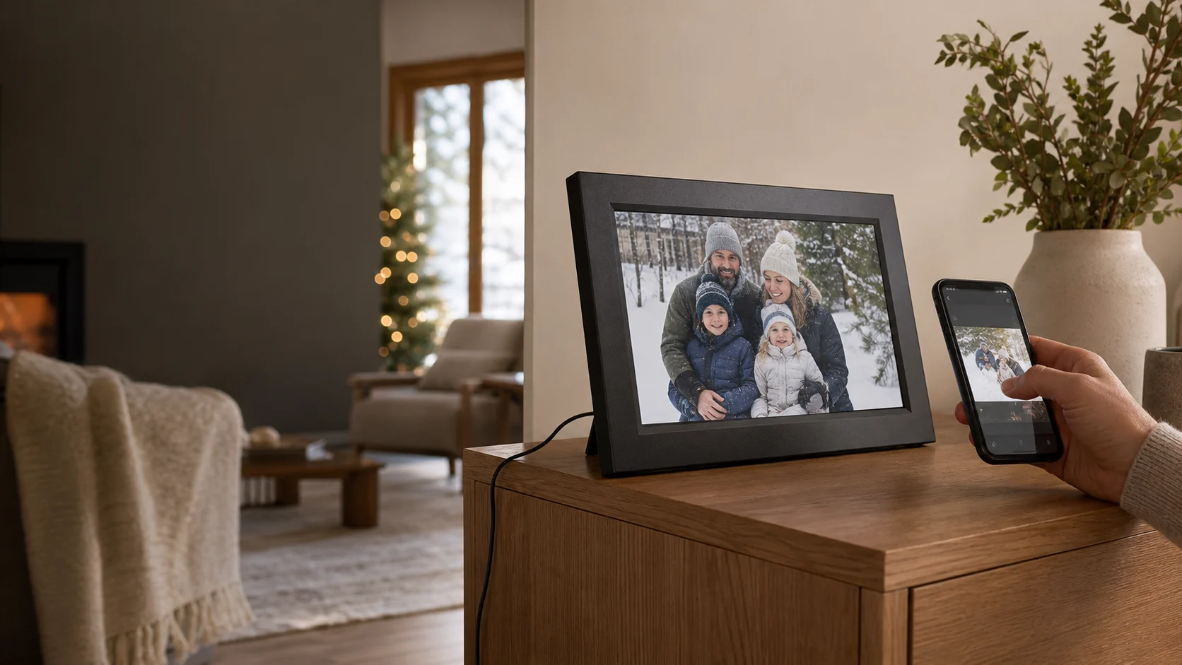 Representative Wi-Fi photo frame showing a winter family picture while another photo is sent from a phone