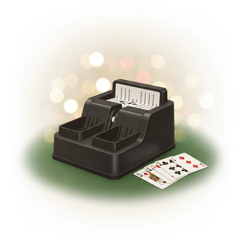 Representative card shuffler with playing cards on a games table