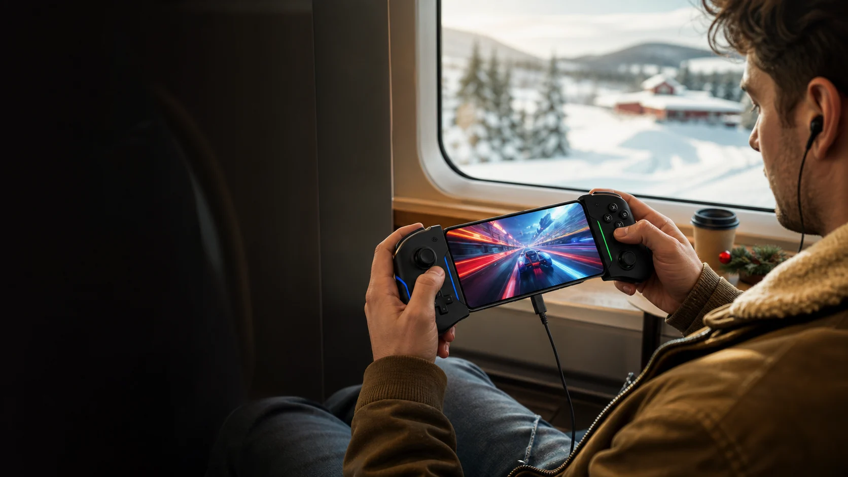 Representative traveller playing a racing game with a generic USB-C phone controller