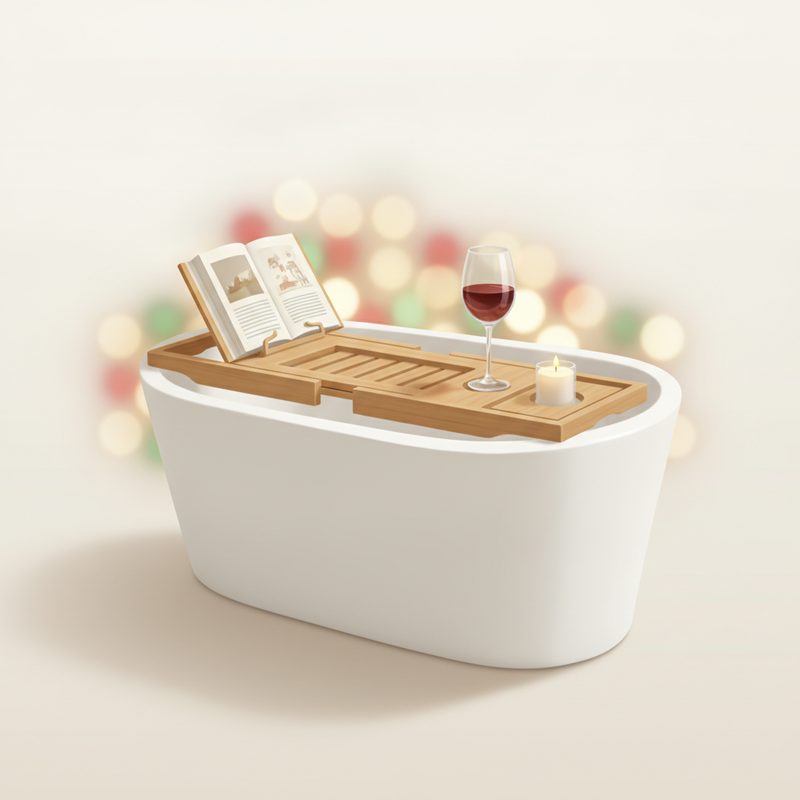 Representative bamboo tray across a white bathtub holding a book, mug, and small candle