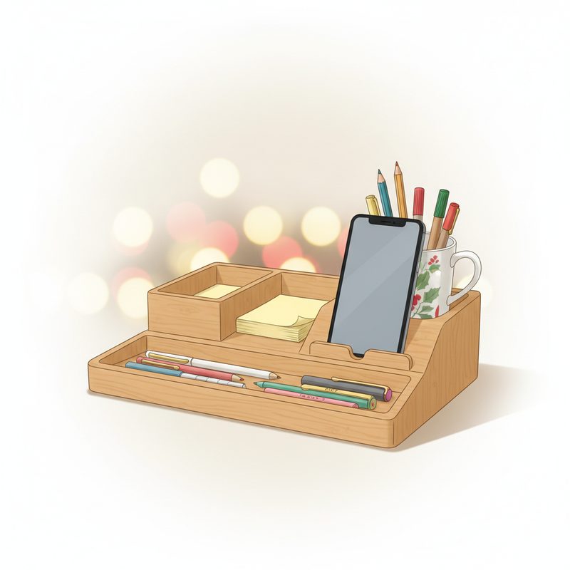 Representative bamboo organizer with compartments holding pens and sticky notes