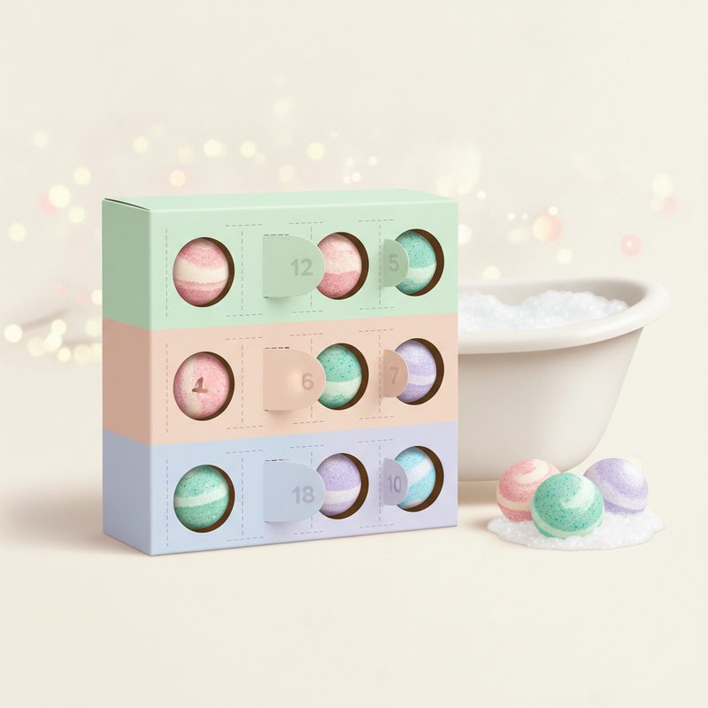 Representative pastel countdown box with colourful round bath fizzies beside a tub