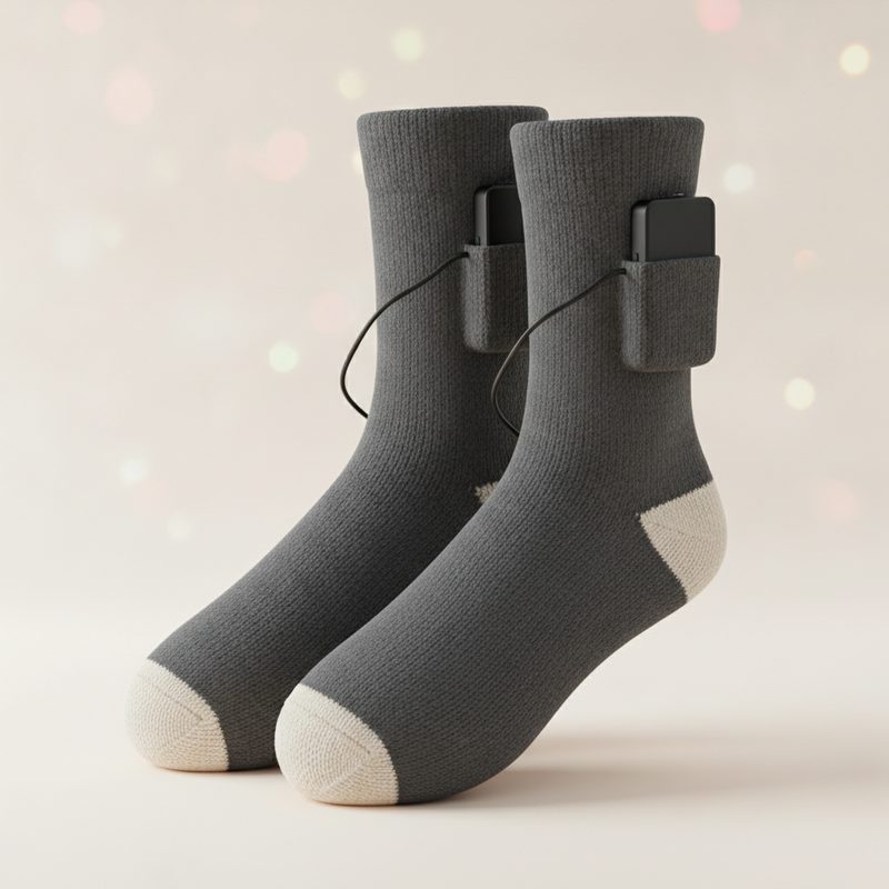 Representative battery heated socks with small battery packs tucked into the cuffs
