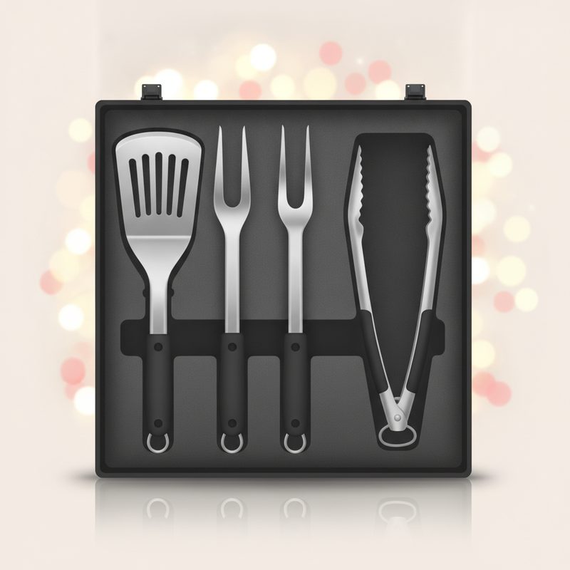 Representative stainless barbecue tool set with spatula, tongs, and fork in a case