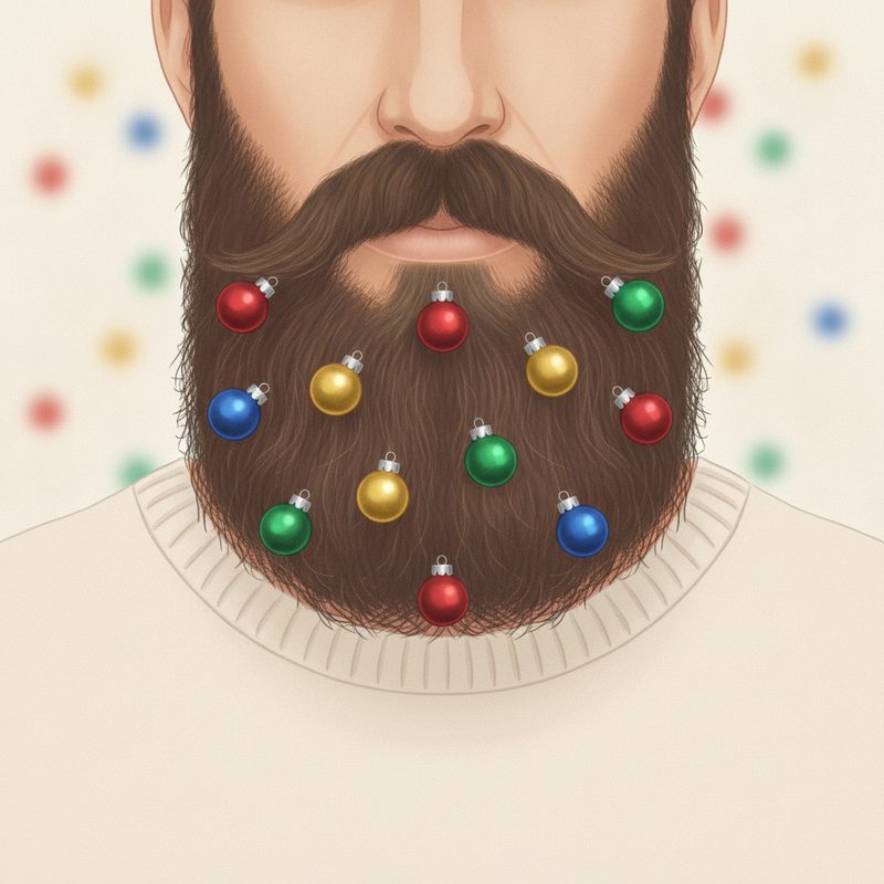 Representative bearded man with colourful mini ornaments clipped into his beard