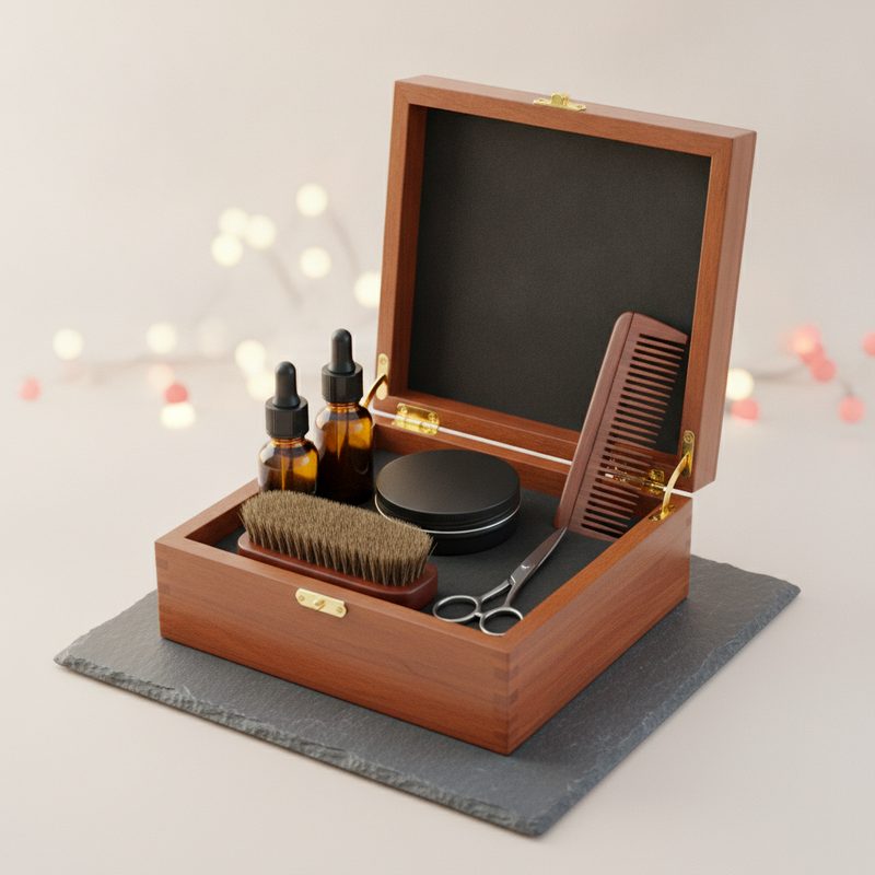 Representative boxed beard kit with oil bottles, balm tin, wooden brush, comb, and scissors