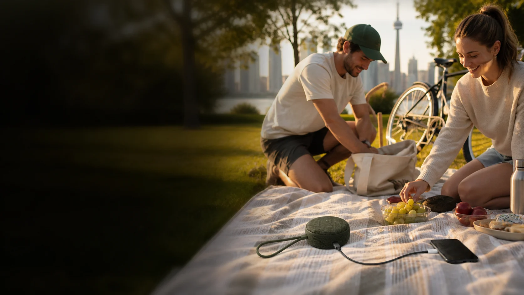 Representative compact speaker charging a phone during a park picnic