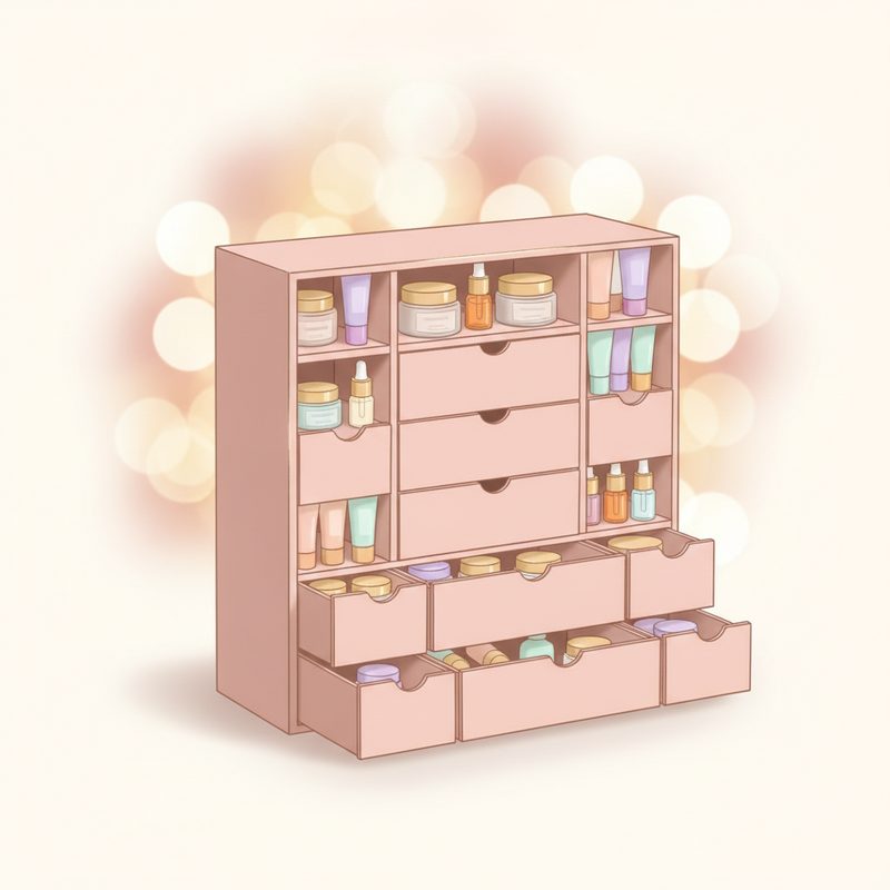 Representative elegant box with small drawers revealing miniature skincare jars and tubes