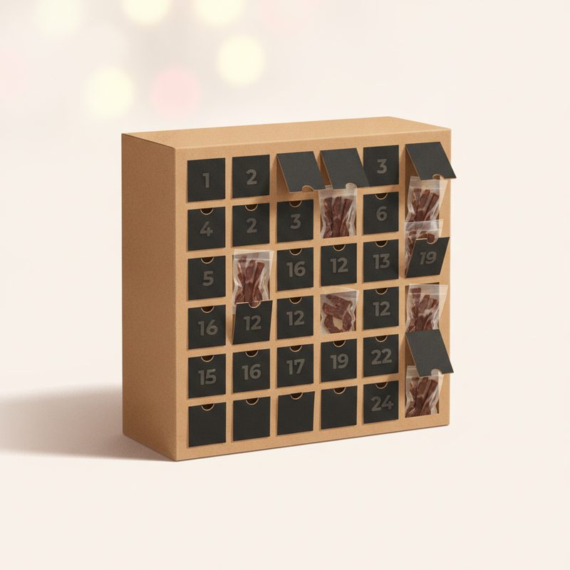 Representative rugged kraft-style countdown box with pouches of dried meat snacks behind numbered panels