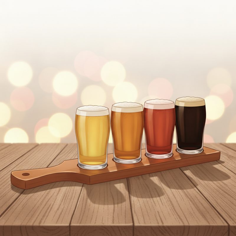 Representative wooden paddle holding a row of small tasting glasses
