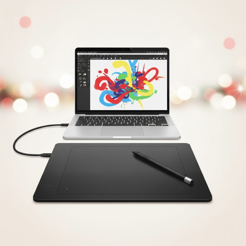 Representative drawing tablet and stylus beside a laptop showing digital art
