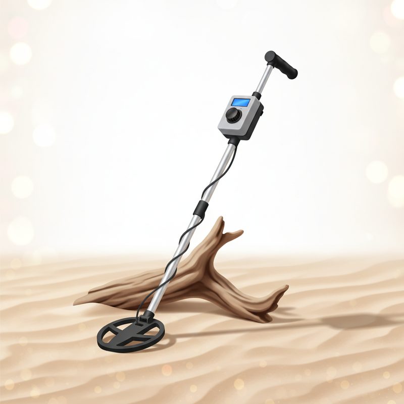 Representative metal detector leaning against a bench on a sandy beach path