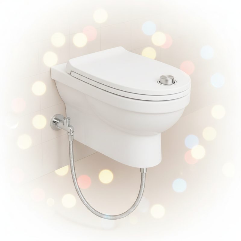 Representative slim bidet attachment installed under a white toilet seat