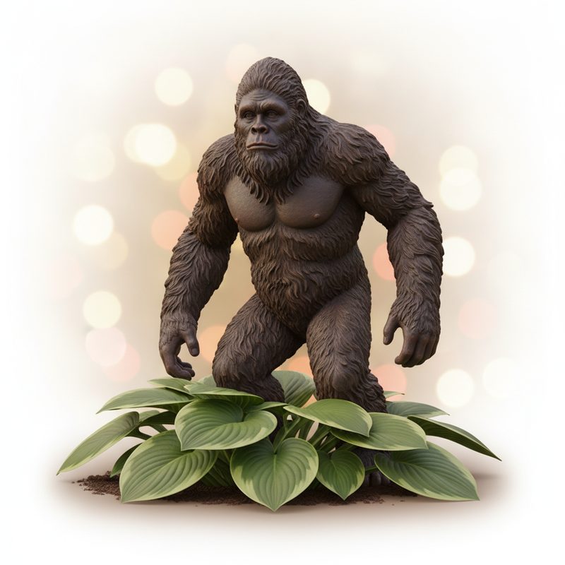 Representative sasquatch figure statue peeking out from garden shrubs