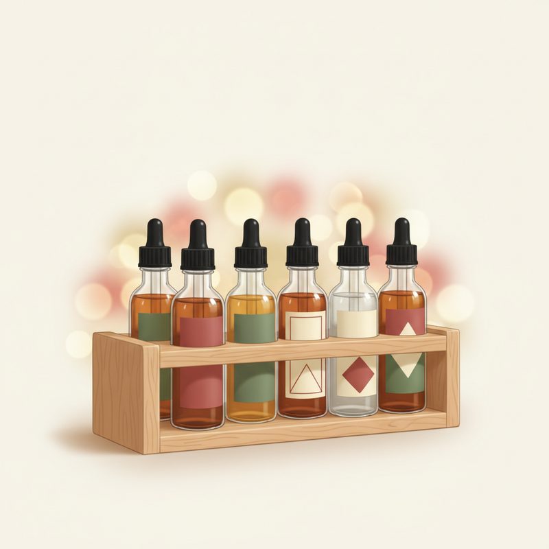 Representative row of small dasher bottles of assorted cocktail bitters
