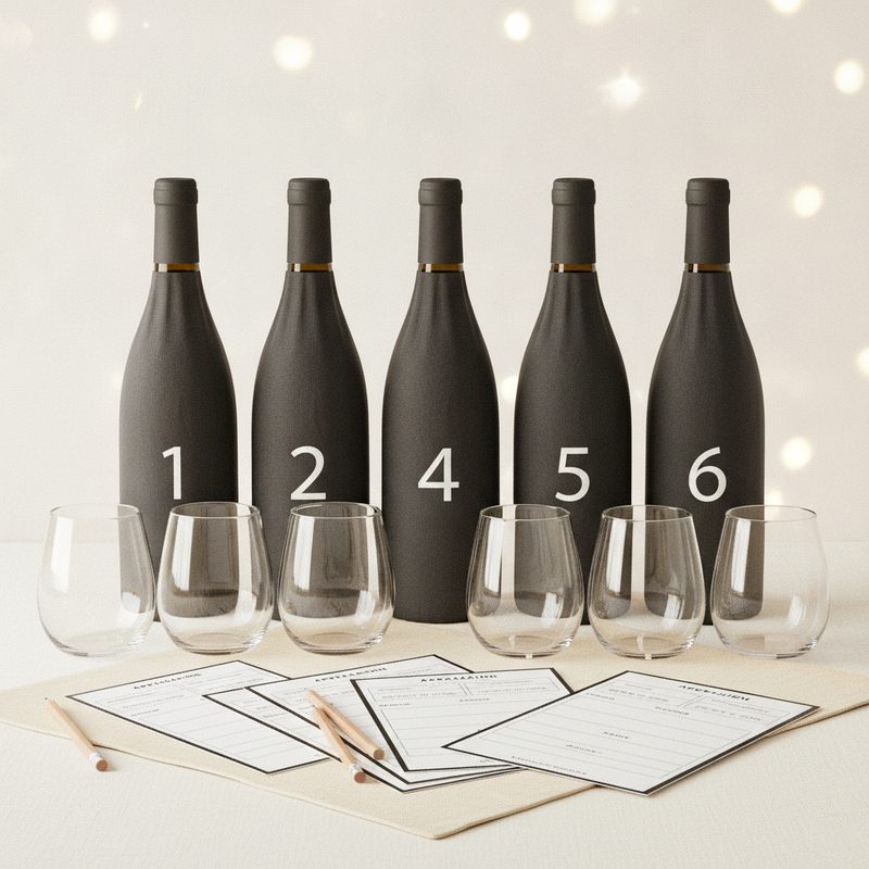 Representative blind wine tasting kit with covered bottles and scorecards