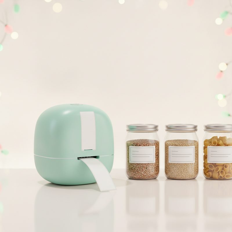 Representative small label printer beside neatly labelled pantry jars